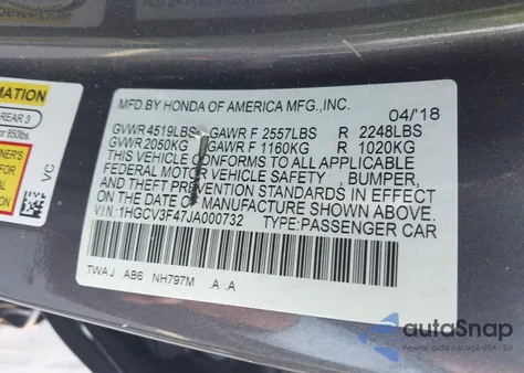 2018 Honda Accord Hybrid Ex из США, поврежденный, VIN 1HGCV3F47JA000732